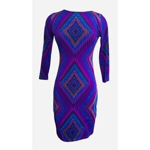 Veronica Wm M Purple Multi Color Geometric BodyCam 3/4 Sleeve Stretch Dress